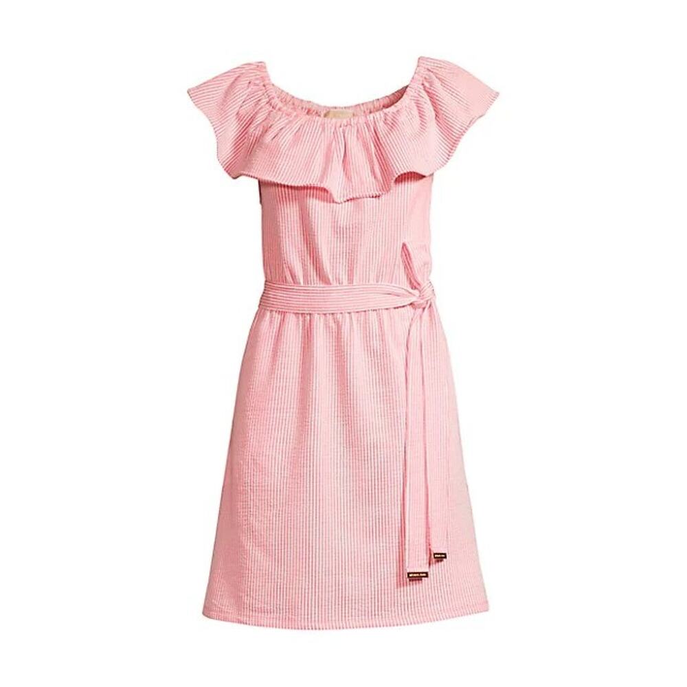 Michael Kors Women Pink Striped Cotton Seersucker Off-the-Shoulder Dress Size M